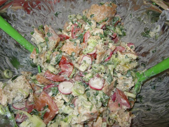 Fattoush: so sieht dieser frische Sommer-Salat aus, wenn er schön gemengt auf den Tisch kommt.