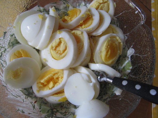 In Scheiben geschnittene Eier hinzugeben