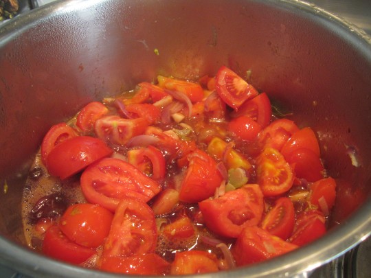 Jetzt die Tomatenstückchen in den Topf und ebenfalls einige Minuten angehen lassen. Rühren!