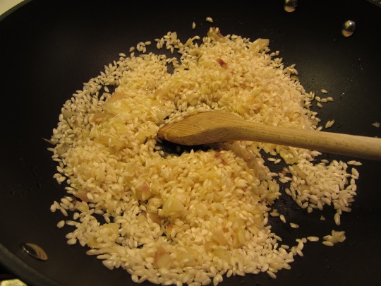 Dann den Reis unterrühren bis die Körner gleichmäßig benetzt sind.